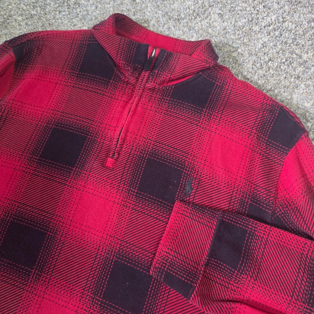 Polo Ralph Lauren Mens Red Black Buffalo Plaid Quarter Zip Pullover Cotton Large